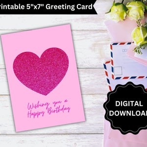 Printable Pink Heart Birthday Card, Happy Birthday Card, Pink Heart Card, DIGITAL DOWNLOAD, Printable Card, Happy Birthday