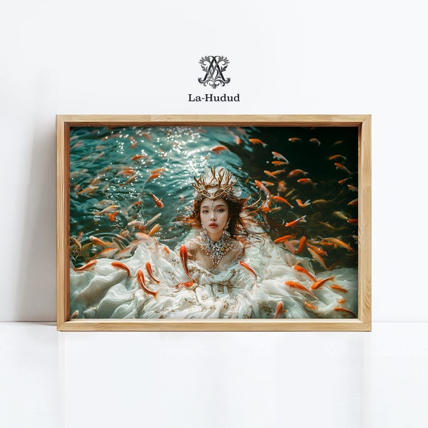 Goddess of Sea Art | Woman in Ocean Digital Download | Woman with Gold Fish Art | Gold Fish Wall Art | Asian Woman Printable