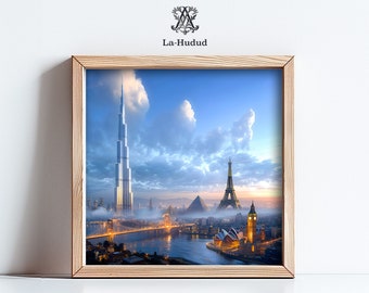 Original Skyline Art Print | Cityscape Eiffel Tower Digital Art | Dusk Skyline Wall Art | World Wonders Art | Big Ben Digital Download