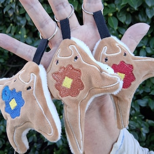 Könnte beinhalten: Drei Schlüsselanhänger in Lebkuchenmann-Form mit unterschiedlichen Blumenmustern. Die Schlüsselanhänger sind hellbraun mit weißem Rand und schwarzen Schlaufen an silbernen Ringen. Die Blumen sind blau, braun und rot.