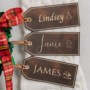 Laser Engraved Leather Christmas Stocking Tags, Personalized Name Leather Tag, Personalized Christmas Tag, Stocking Tags, Custom Leather Tag