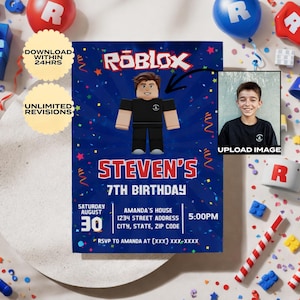 May include: A blue birthday invitation featuring a Roblox character illustration. The invitation includes the text "Steven's 7th Birthday," date, time, and location details. Additional text includes "Download Within 24hrs" and "Unlimited Revisions."