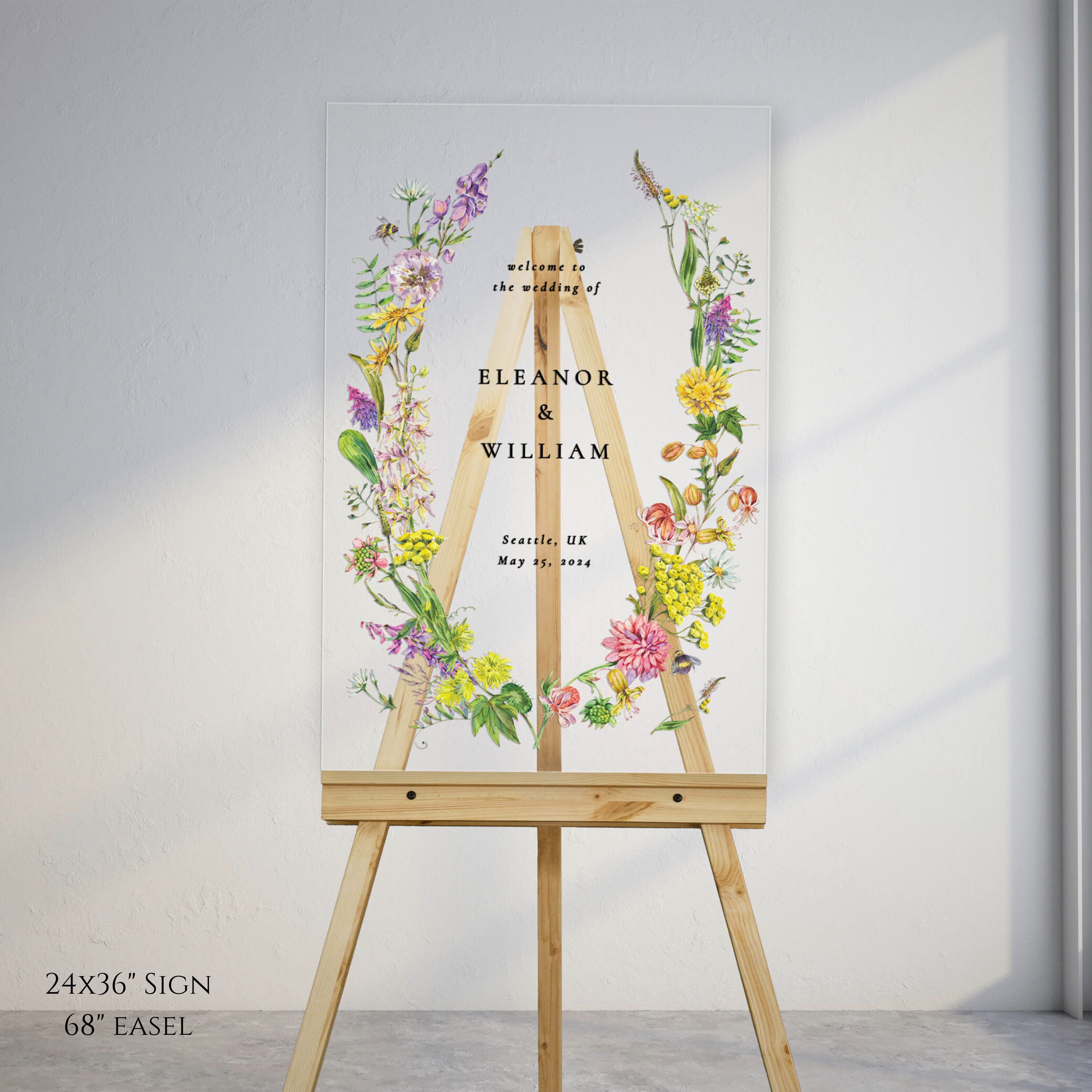 Signo de bienvenida de boda acrílico de diseño floral personalizado, signo de bienvenida floral, signo de bienvenida floral de boda vertical, signo de acrílico personalizado