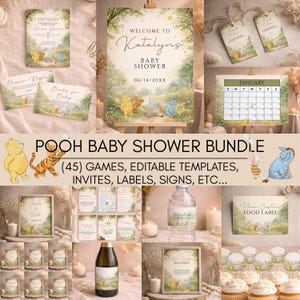 May include: A Pooh-themed baby shower bundle featuring invitations, games, labels, and signs. The design includes illustrations of Pooh, Tigger, Piglet, and Eeyore. The bundle includes editable templates for a personalized baby shower.