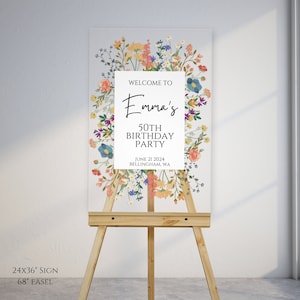 Custom Wildflower 50th Birthday Acrylic Welcome Sign, Floral Birthday Entrance Sign, Flower Birthday Party Welcome Sign Decor