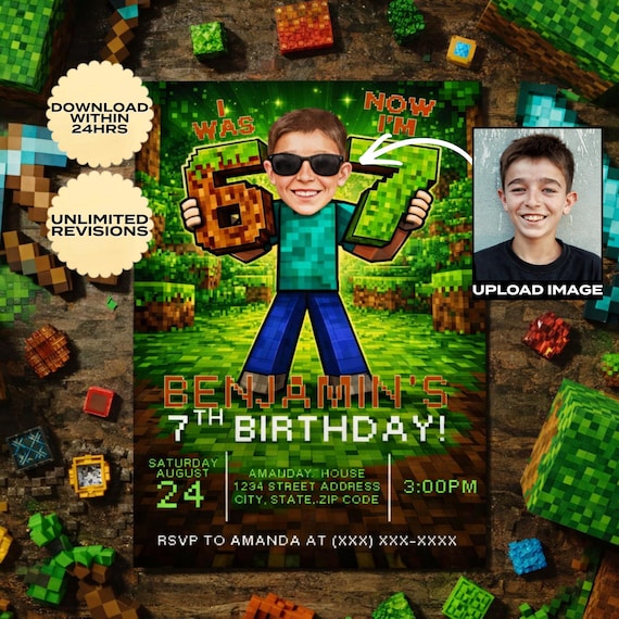 Editable Six Seven Pixel Block Meme Birthday Invitation, 7th Birthday Invite Template Boy, I Was 6 Now I’m 7 Birthday Invite, 67 Birthday