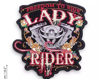 Toppa termoadesiva con ricamo grande da motociclista con teschio, fai da te