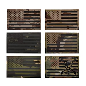 May include: Six embroidered patches featuring the American flag in various camouflage patterns. The patches are black and white with a black skull and crossbones design.