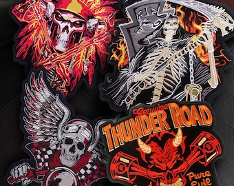 Toppa termoadesiva con ricamo grande da motociclista con teschio, fai da te