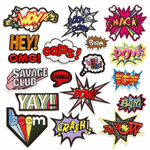 Könnte beinhalten: Ein Set bunter Bügelbilder mit verschiedenen Comic-artigen Wörtern und Sätzen, darunter "POW!" "BOOM!" "SMACK!" und "HEY! OMG!"
