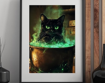 Halloween Digital Wall Art, Black Cat in Bubbling Cauldron, Witchy Gothic Style, Printable Decor, Plotting Kitten Digital Download
