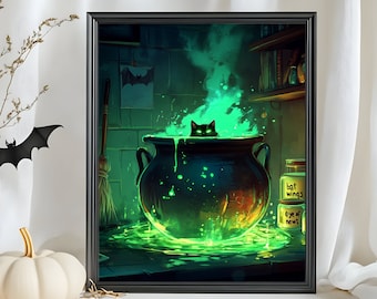 Halloween Wall Art, Digital Witchy Potion, Gothic Black Cat, Magical Bubbling Cauldron, Printable Home Decor Art