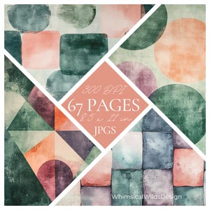 May include: A set of 67 digital paper backgrounds featuring abstract geometric shapes in shades of green, pink, orange, and purple. The papers are 8.5 x 11 inches and 300 DPI.