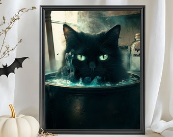 Halloween Digital Prints Witch Magical Potion, Gothic Black Cat Wall Art, Printable Witchy Home Decor, Spooky Season Art