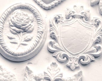 New* IOD Heraldry Decor Mould™ 6&quot; x 10&quot; FREE SHIPPING Order over 150 Resin Clay Fondant Plaster Soap Wings Crown Flaming Heart Burning Crest