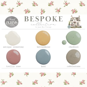 May include: A collection of paint colors called "Bespoke" by Jami Ray Vintage. The colors are: antique ironstone, hollandaise, cheshire, trellis rose, kent, and cobblestone.