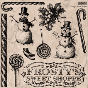May include: Black and white illustration of a vintage Christmas scene with two snowmen, candy canes, holly, and a sign that reads "Frosty's Sweet Shoppe".