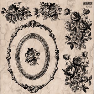 May include: Black and white floral design elements, including rose bouquets and ornate oval frames. The image features detailed botanical illustrations, perfect for vintage-themed crafts and designs. The word "Veranda" is in the top right corner.