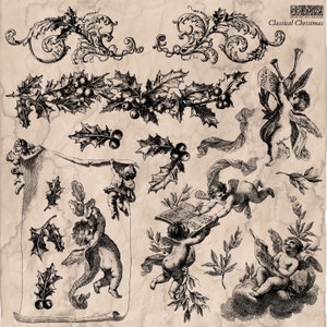 May include: Black and white vintage illustration of cherubs with holly leaves and berries. The illustration is on a textured paper background and includes the text "Classical Christmas".