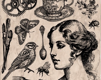 IOD Charlotte Decor Stamp™ 12&quot; x 12&quot; FREE SHIPPING Orders over 150 Rubber Silicone Roses Floral Tea Cup Gears Bird Butterfly Woman Victorian
