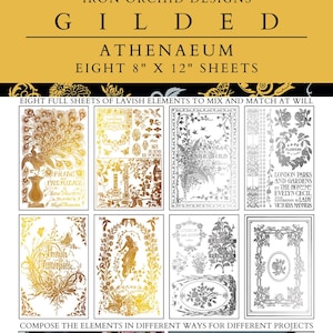 May include: Gilded Athenaeum transfer sheets by Iron Orchid Designs. Eight 8" x 12" sheets with lavish elements to mix and match. Designs include botanical illustrations, literary quotes, and decorative frames in gold and silver.
