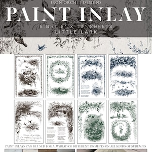 May include: Iron Orchid Designs Paint Inlay sheets featuring botanical and bird illustrations. The sheets are 8 x 12 inches and include the text "Little Lark". The image also shows a painted table and a decorative plate with a bird design.
