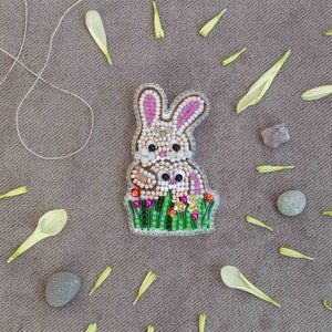 Handmade Rabbit Beaded Brooch: Easter Embroidery Art Glass Pin
