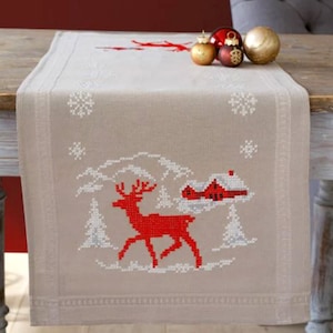 Reindeer Cross Stitch Kit: Christmas Table Runner DIY (16 x 39 in)