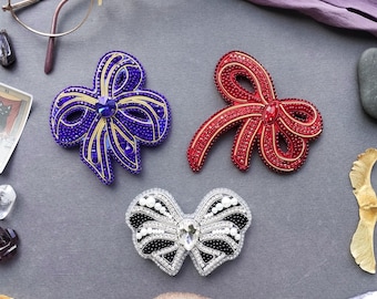 Bow Bead Embroidery Brooch Kit Set with Three Classic Black Blue and Red Designs (Set of 3)