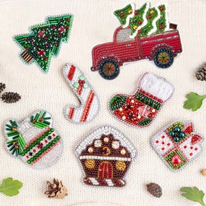 Set of 7  Bead Embroidery Kit: DIY Christmas Brooches