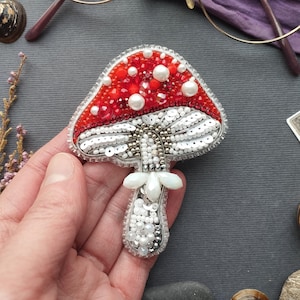 Fly Agaric Mushroom Beaded Brooch Kit | Red Toadstool Halloween Embroidery Set