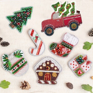 Bead Embroidery Kit - Set of 7 Christmas Brooches, DIY Craft Kits, Xmas Beaded Brooches, Jewelry Making Kits for Adults, Needlework beading