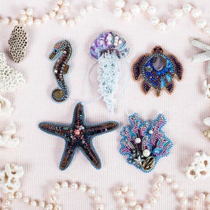 Sea Creature Beaded Brooch Kit: DIY Marine Jewelry Making (Set of 5)