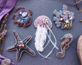 Coral Reef Beaded Brooch Embroidery Kit, Ocean Inspired DIY Jewelry Set