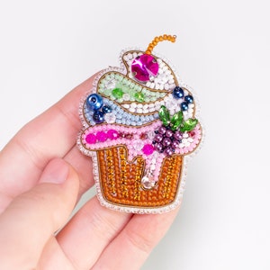 Bead Embroidery Kit Cherry Muffin. Seed Bead Brooch kit. DIY Craft kit. Food Beading kit. Needlework beading. Handmade Jewelry Making Kit