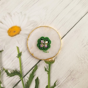 Handmade Clover Beaded Brooch: Embroidered Art Glass Pin