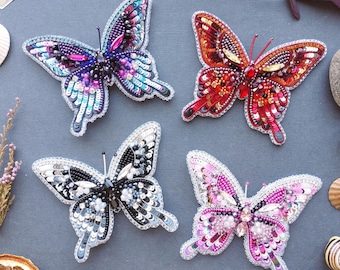 Set of 4 Butterfly Beaded Brooch Embroidery Kit: DIY Jewelry Making