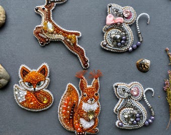 Forest Animal Beaded Brooch Kit, Woodland DIY Jewelry Embroidery Set