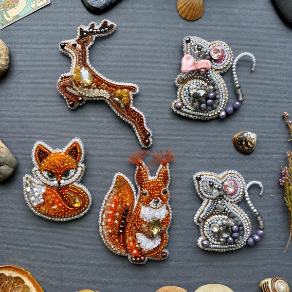 Forest Animal Beaded Brooch Kit, Woodland DIY Jewelry Embroidery Set