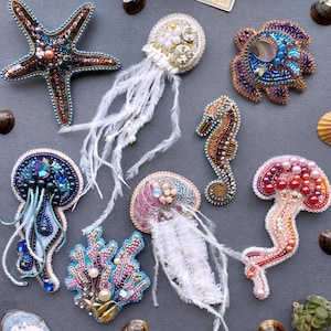 Ocean Brooch Ready to Wear, Tropical Sea Jewelry, Turtle Starfish Jellyfish Pin