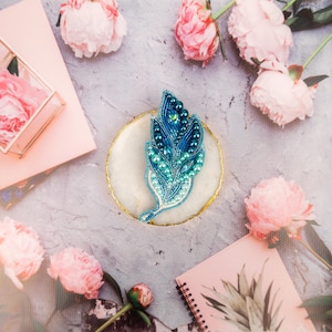 Handmade Beaded Feather Brooch: Embroidery Art Glass Pin
