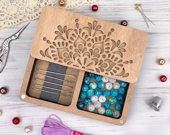 Wooden needle holder, seed bead storage, needle minder, sewing accessories, craft organizer