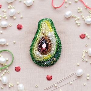Avocado Beaded Brooch: Handmade Embroidery Art Glass Pin