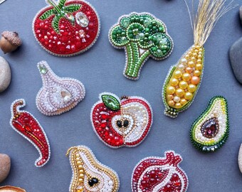 Ready to Wear Fruit and Vegetable Brooch, Apple Avocado Tomato Jewelry