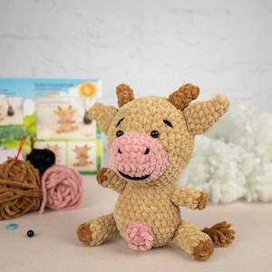Plush Cow Crochet Kit for Adults, Beginner Crochet Kit, Animal Amigurumi DIY Craft Kit