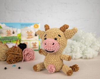 Plush Cow Crochet Kit for Adults, Beginner Crochet Kit, Animal Amigurumi DIY Craft Kit