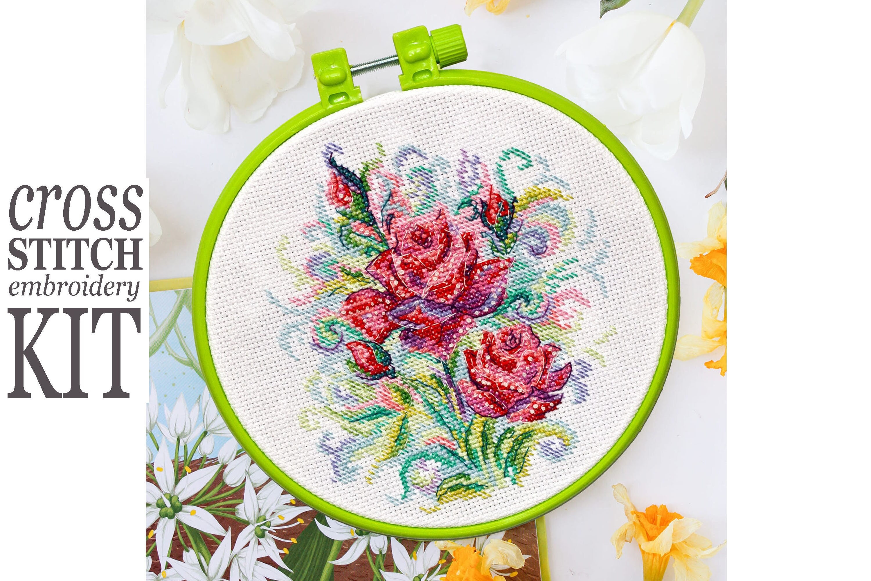 春のバラのクロスステッチキット:初心者向け花柄刺繍フープアート 春のバラのクロスステッチキット:初心者向け花柄刺繍フープアート
