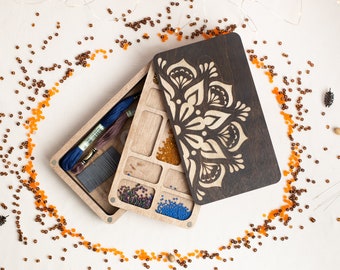 Personalizable organizer for beads, embroidery keeper, multi-tiered sewing box, needle minder
