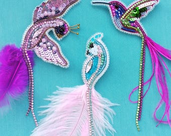 Set of 3 Beaded Bird Brooch Kits: Feather Embroidery Pin DIY Jewelry