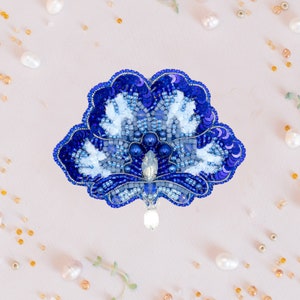 Blue Flower Beaded Brooch: Handmade Floral Embroidery Art Glass Pin